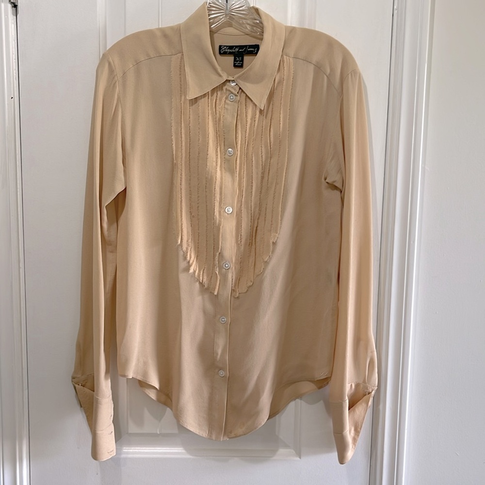 Elizabeth and James long sleeve semi sheer blouse in peach/nude silk with pleats